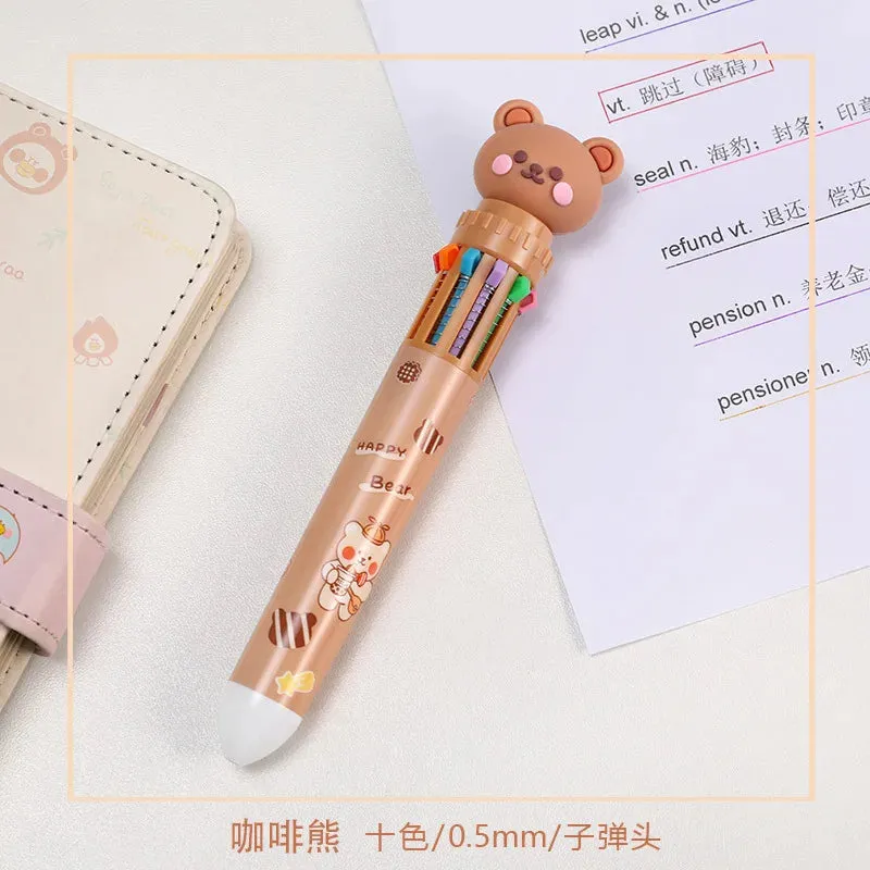 10-Color Ballpoint Pens Cartoon Bear Theme 0.5mm Colorful Ink Gel Pens Silicone Kids Student Pens School Office Supplies Stationery