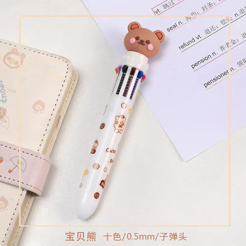 10-Color Ballpoint Pens Cartoon Bear Theme 0.5mm Colorful Ink Gel Pens Silicone Kids Student Pens School Office Supplies Stationery