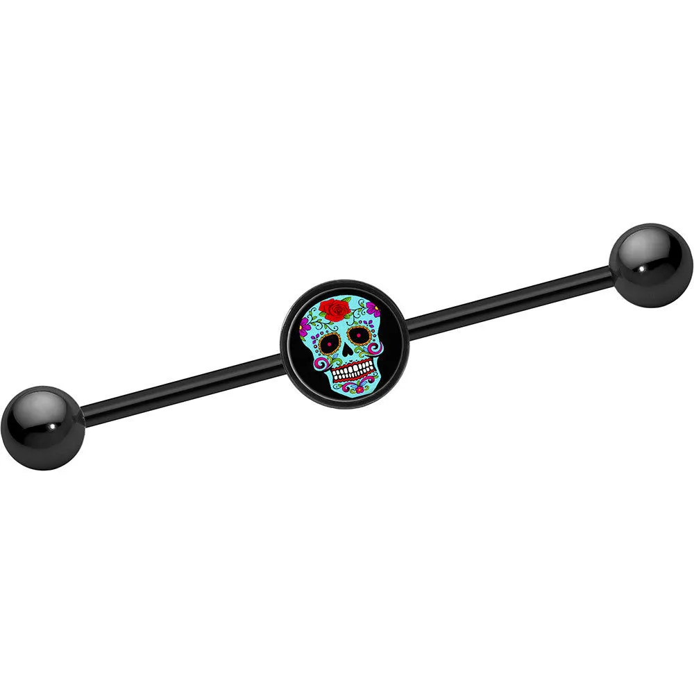 14 Gauge Black Anodized Sugar Skull Industrial Barbell 37mm