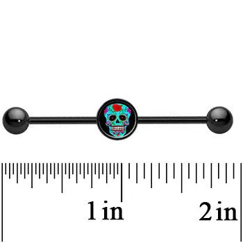 14 Gauge Black Anodized Sugar Skull Industrial Barbell 37mm