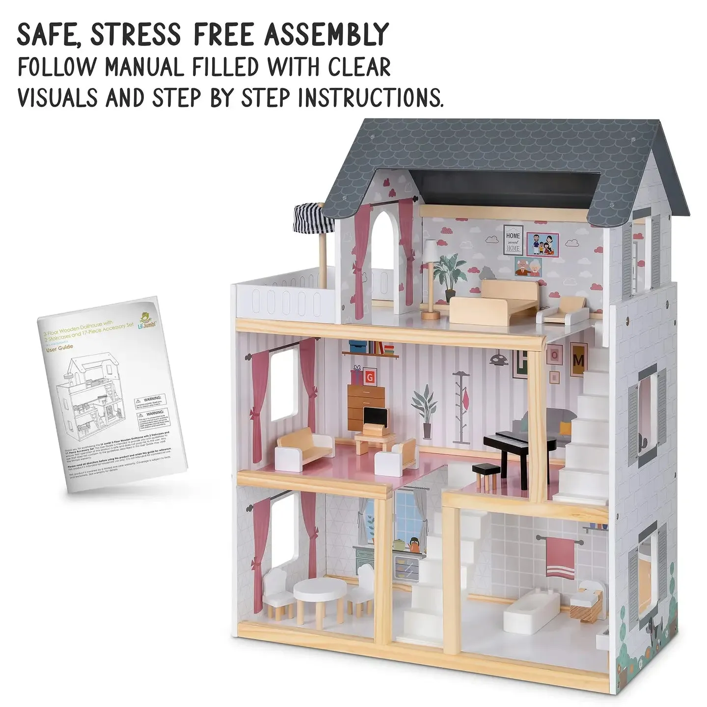 3-Story Wooden Doll House Set W/Elevator, Balcony & Stairs
