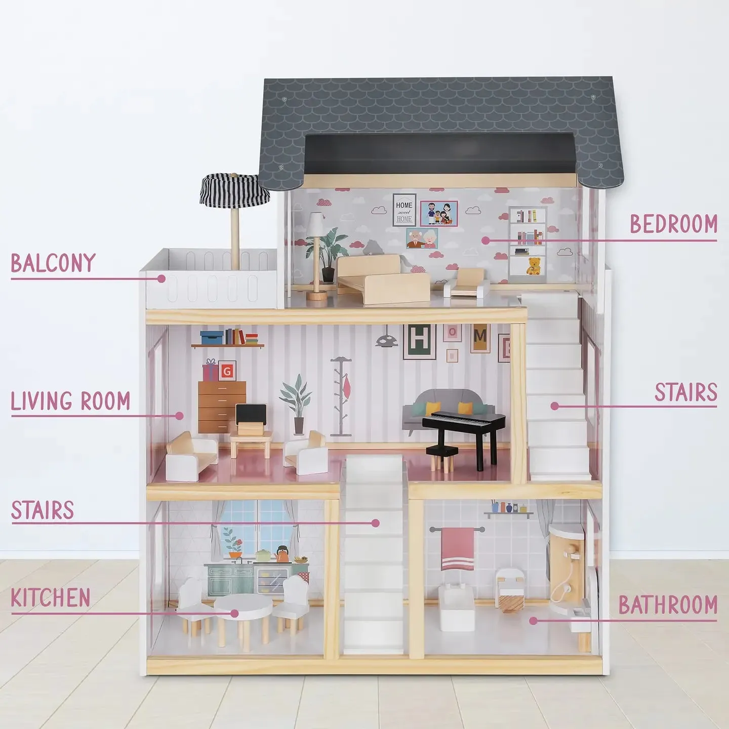 3-Story Wooden Doll House Set W/Elevator, Balcony & Stairs