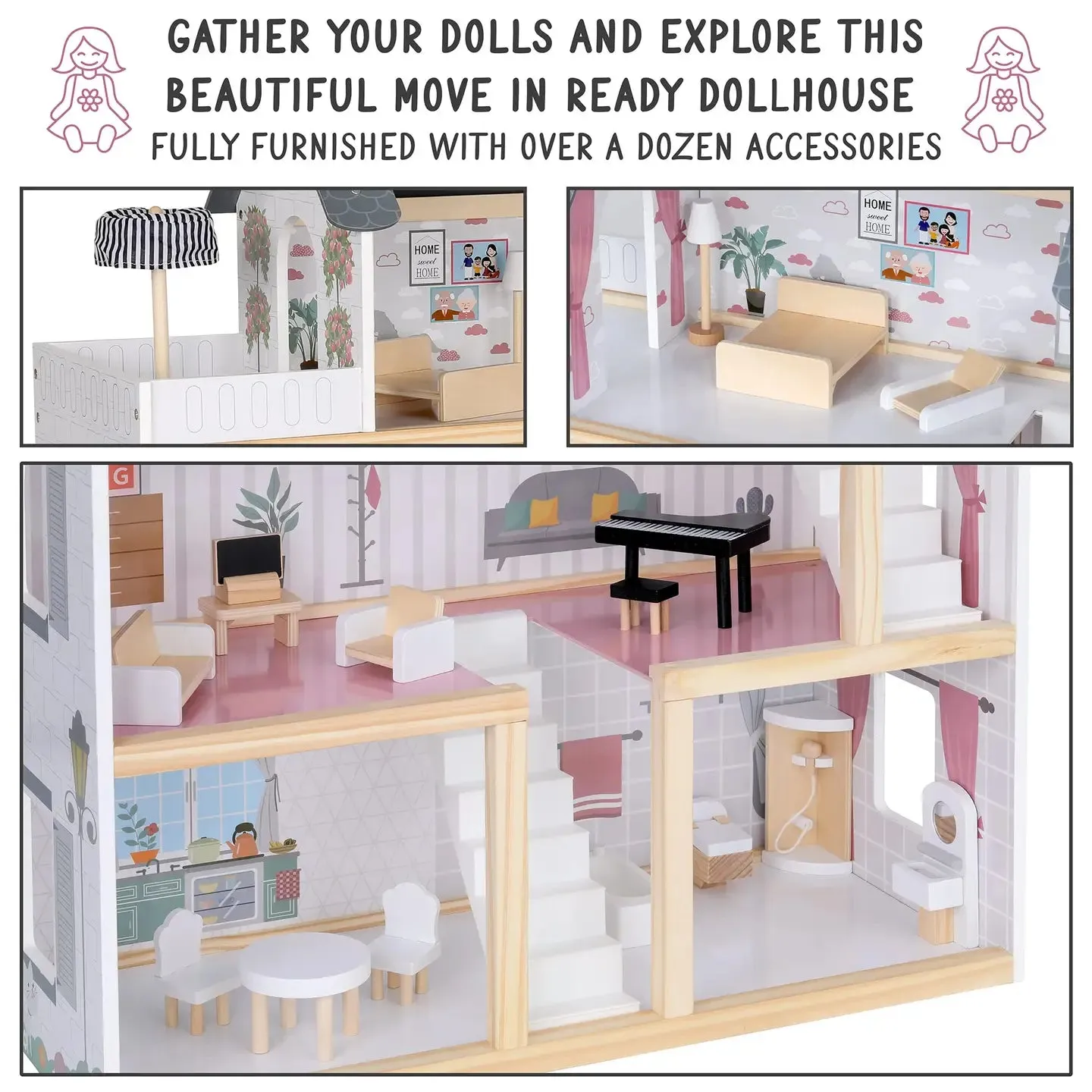 3-Story Wooden Doll House Set W/Elevator, Balcony & Stairs