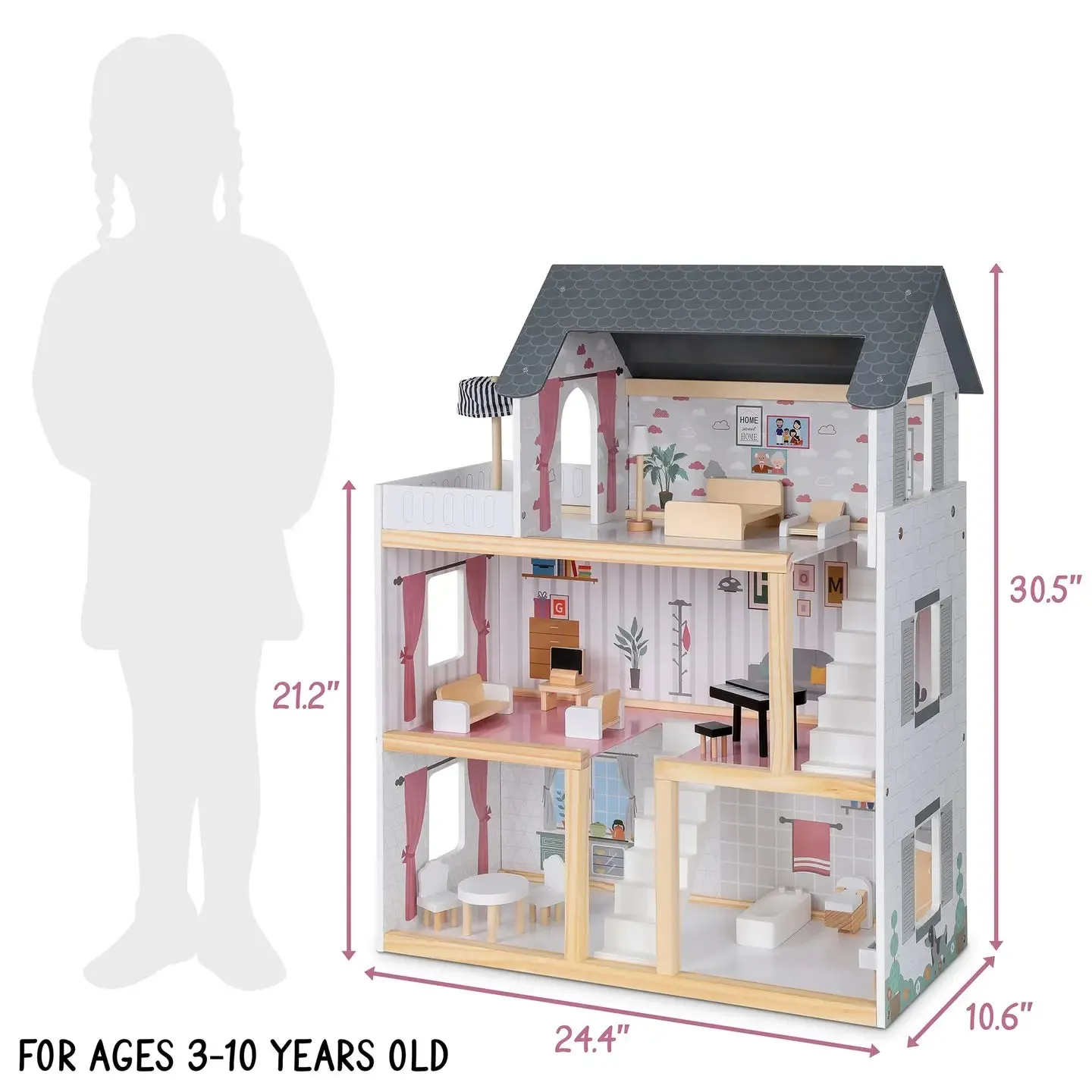 3-Story Wooden Doll House Set W/Elevator, Balcony & Stairs