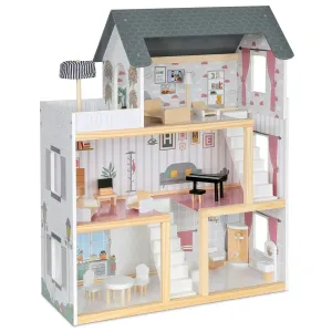 3-Story Wooden Doll House Set W/Elevator, Balcony & Stairs
