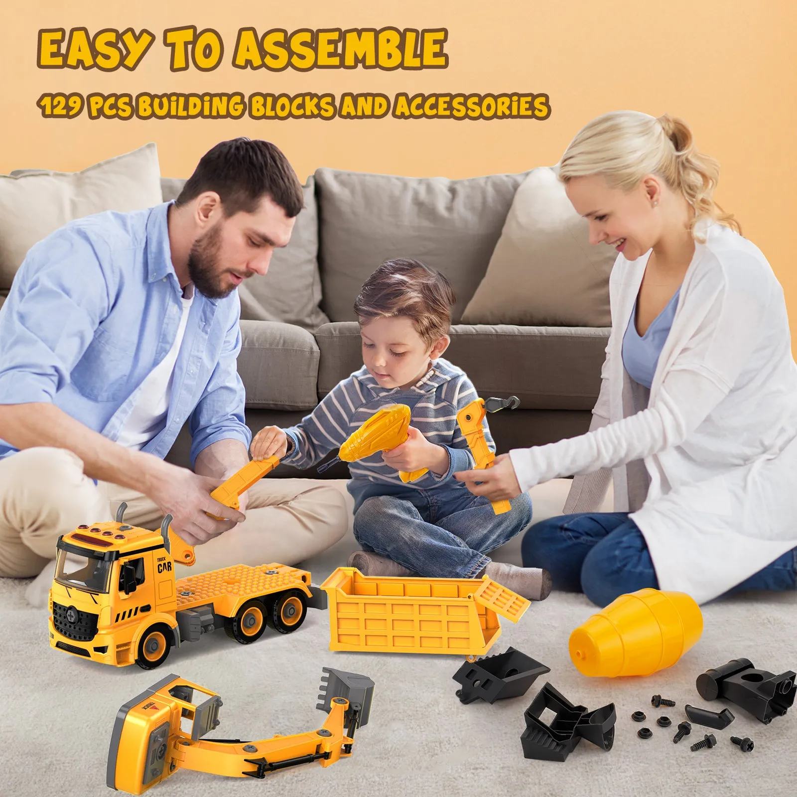 (ABC) Construction Truck Toys for children 4 to 6 Years Old, 4-in-1 Take Apart Toys with Electric Drill (DNSOA)