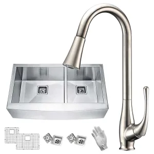 Anzzi Elysian Farmhouse 36 in. 60/40 Double Bowl Kitchen Sink with Faucet in Brushed Nickel