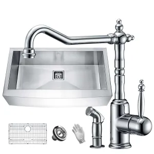 Anzzi Elysian Farmhouse 36 in. Single Bowl Kitchen Sink with Faucet in Polished Chrome