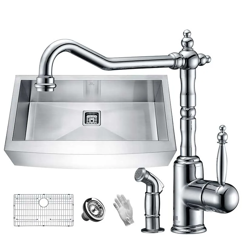 Anzzi Elysian Farmhouse 36 in. Single Bowl Kitchen Sink with Faucet in Polished Chrome
