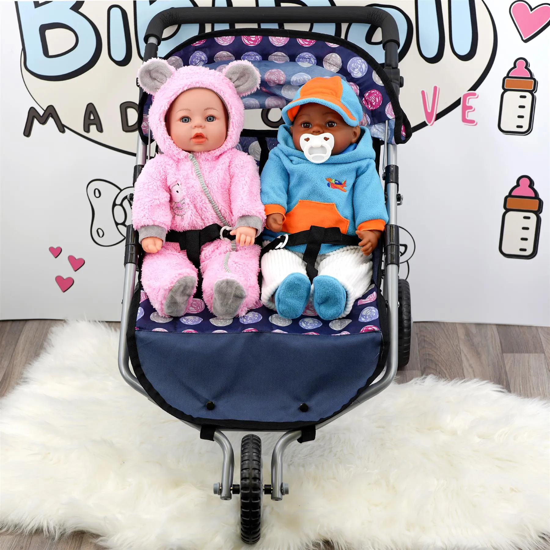 BiBi Accessories - Blue Doll Twin Stroller