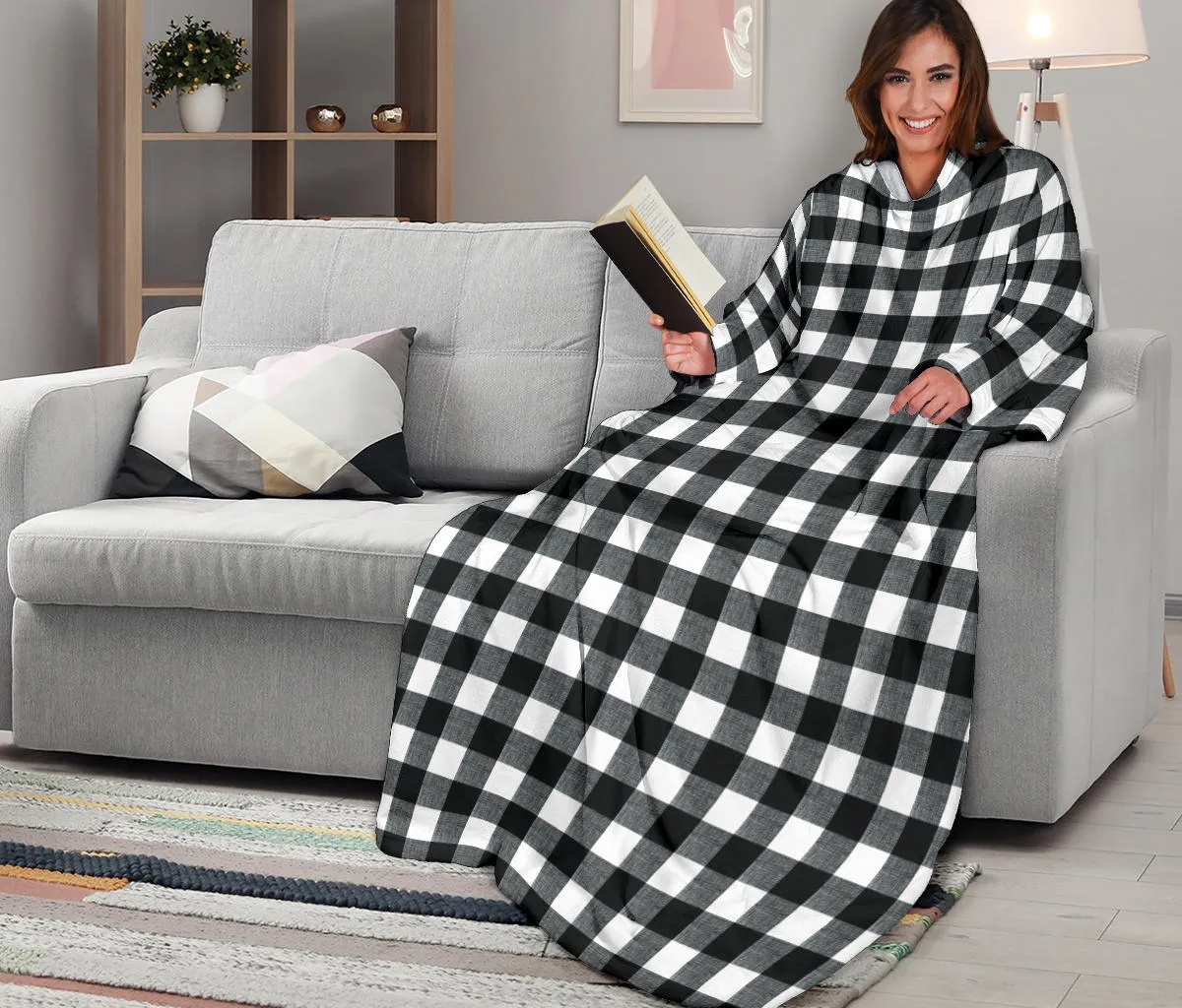 Black and White Buffalo Check Wearable Blanket With Sleeves