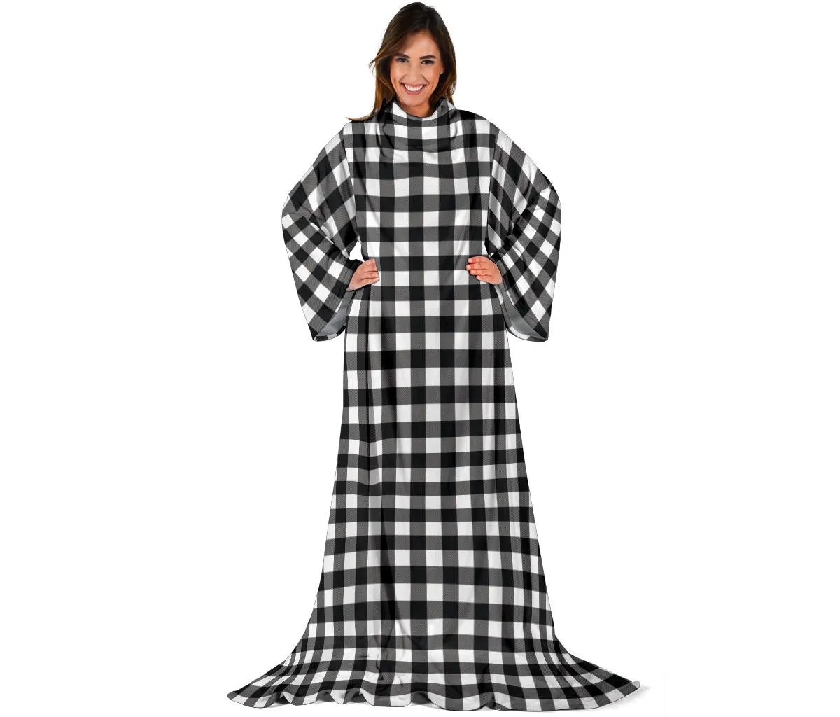 Black and White Buffalo Plaid Blanket With Sleeves