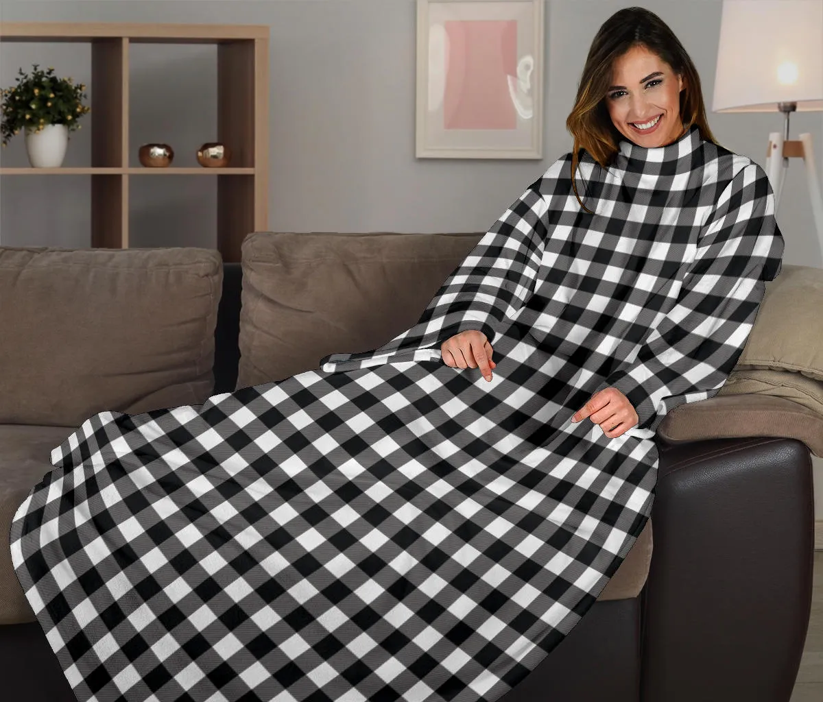 Black and White Buffalo Plaid Blanket With Sleeves