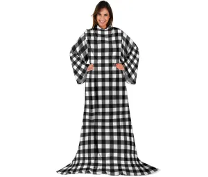 Black and White Buffalo Plaid Blanket With Sleeves