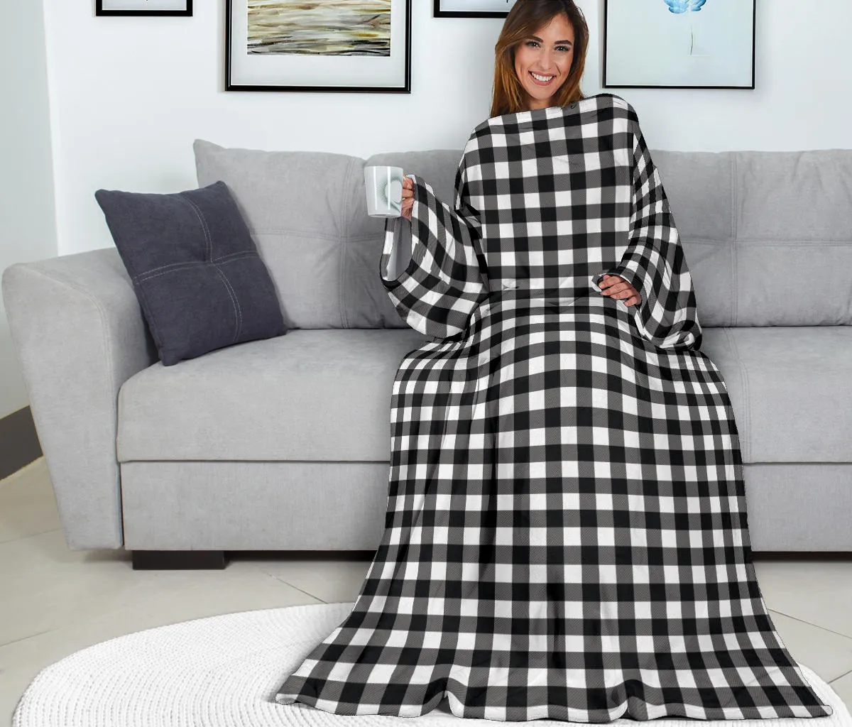 Black and White Buffalo Plaid Blanket With Sleeves