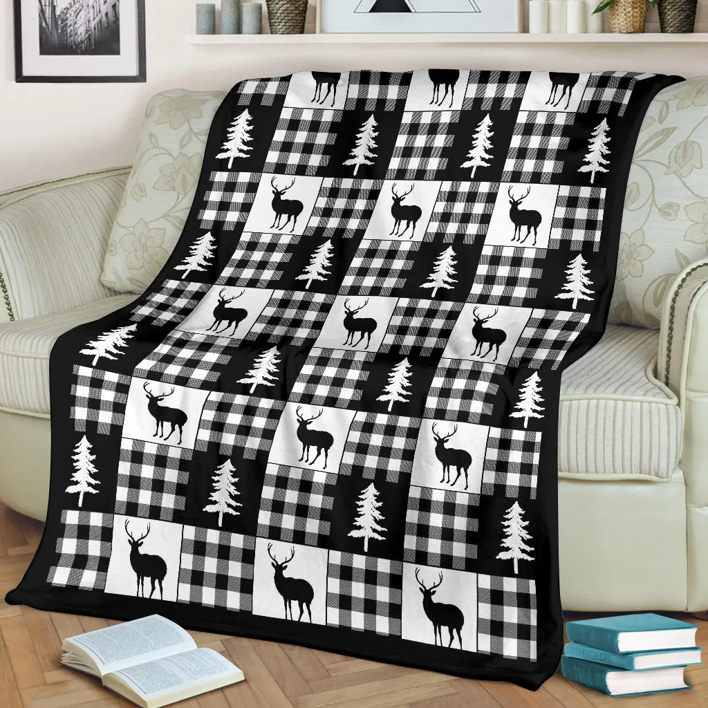 Black and White Buffalo Plaid With Deer and Pine Trees Pattern Fleece Throw Blanket