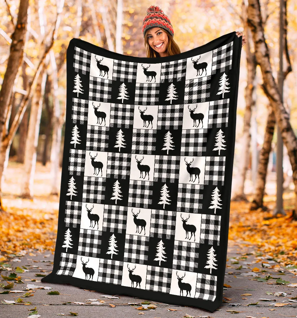 Black and White Buffalo Plaid With Deer and Pine Trees Pattern Fleece Throw Blanket