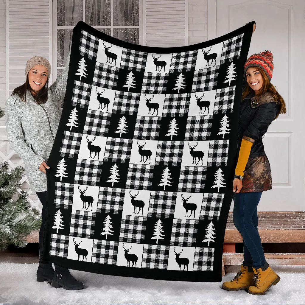 Black and White Buffalo Plaid With Deer and Pine Trees Pattern Fleece Throw Blanket