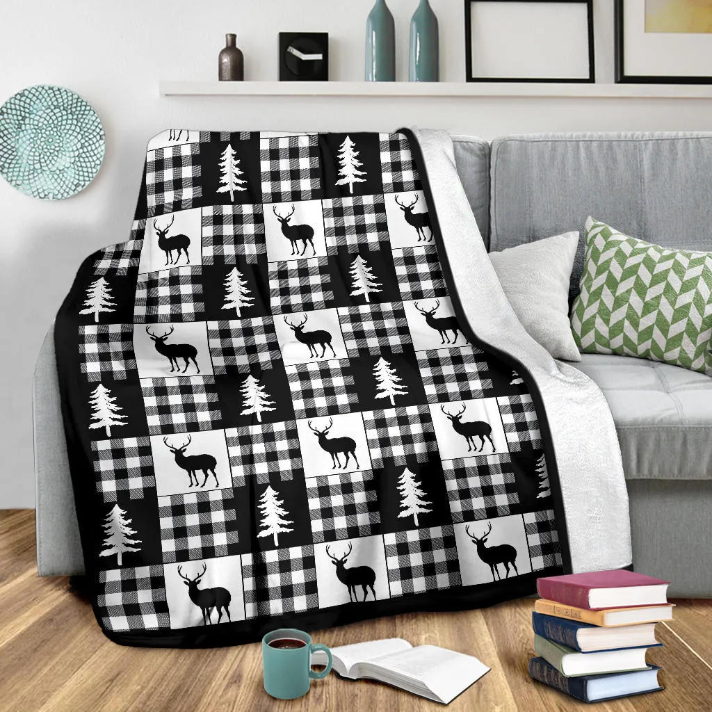Black and White Buffalo Plaid With Deer and Pine Trees Pattern Fleece Throw Blanket