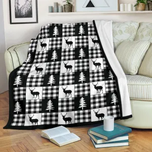 Black and White Buffalo Plaid With Deer and Pine Trees Pattern Fleece Throw Blanket
