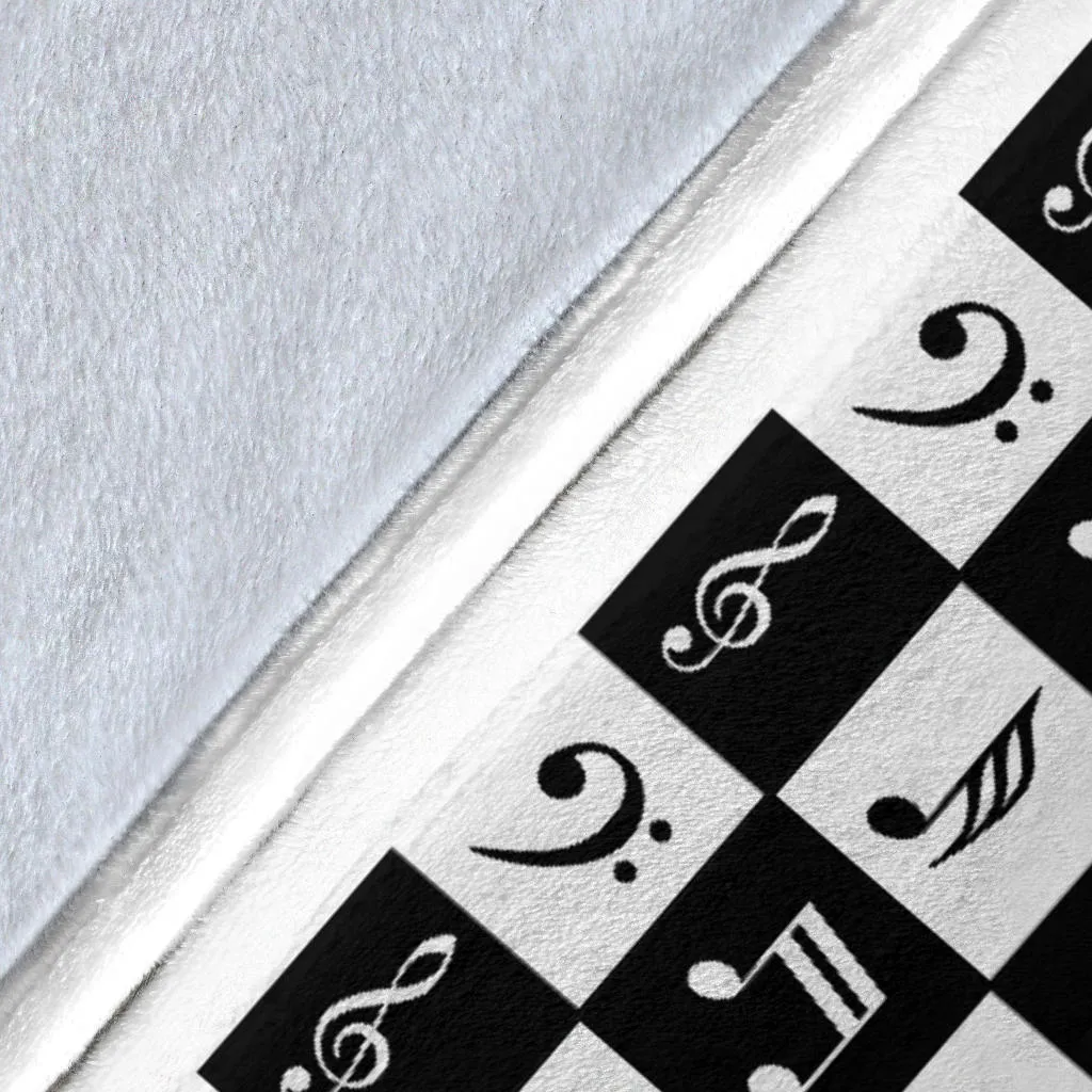 Black and White Checkered Music Note Pattern Fleece Throw Blanket With White Border