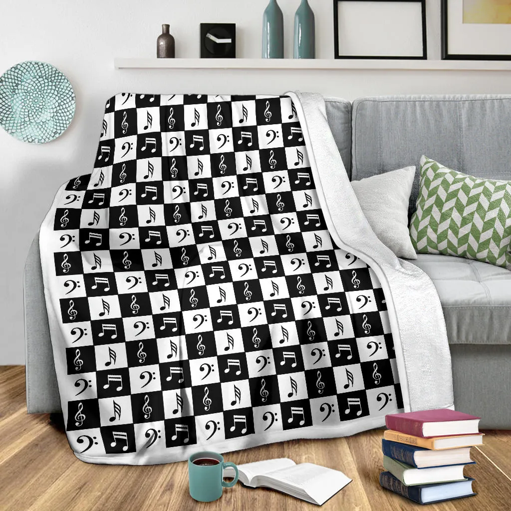 Black and White Checkered Music Note Pattern Fleece Throw Blanket With White Border