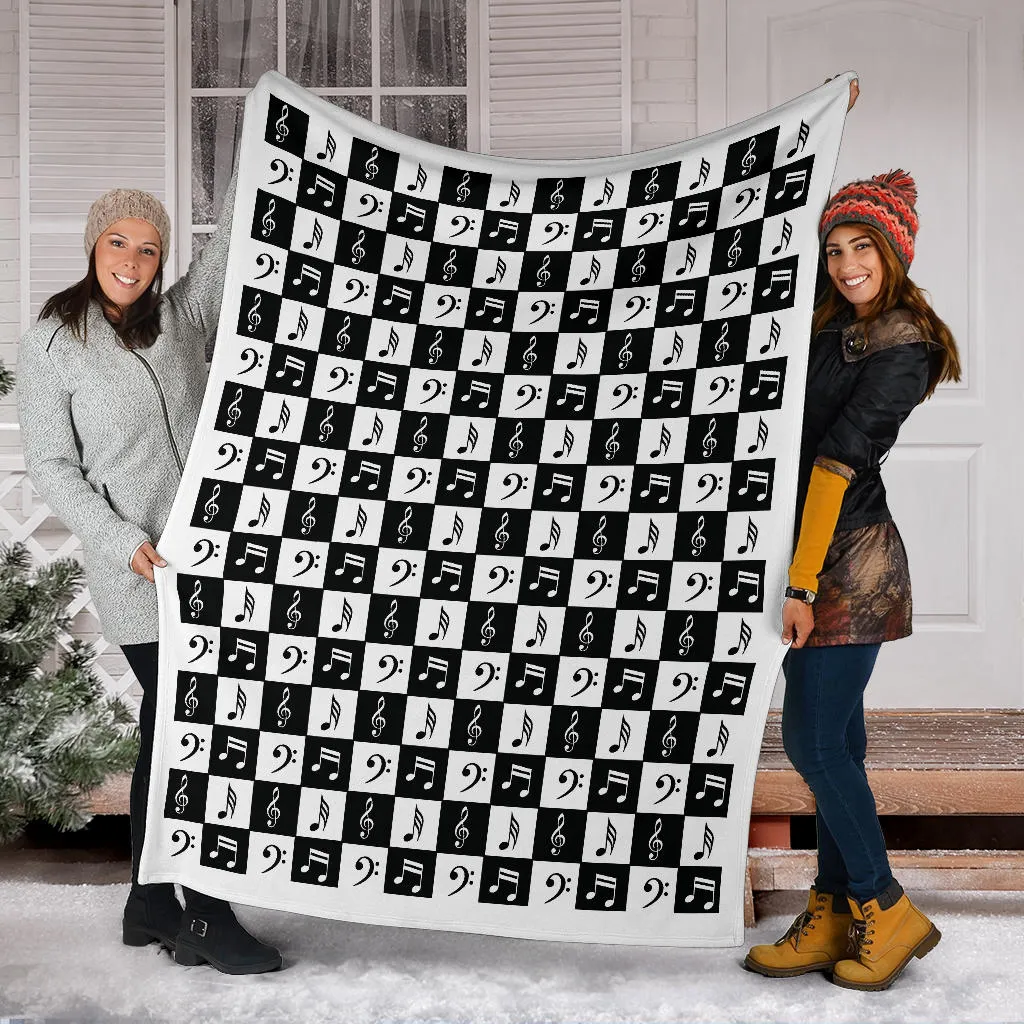 Black and White Checkered Music Note Pattern Fleece Throw Blanket With White Border