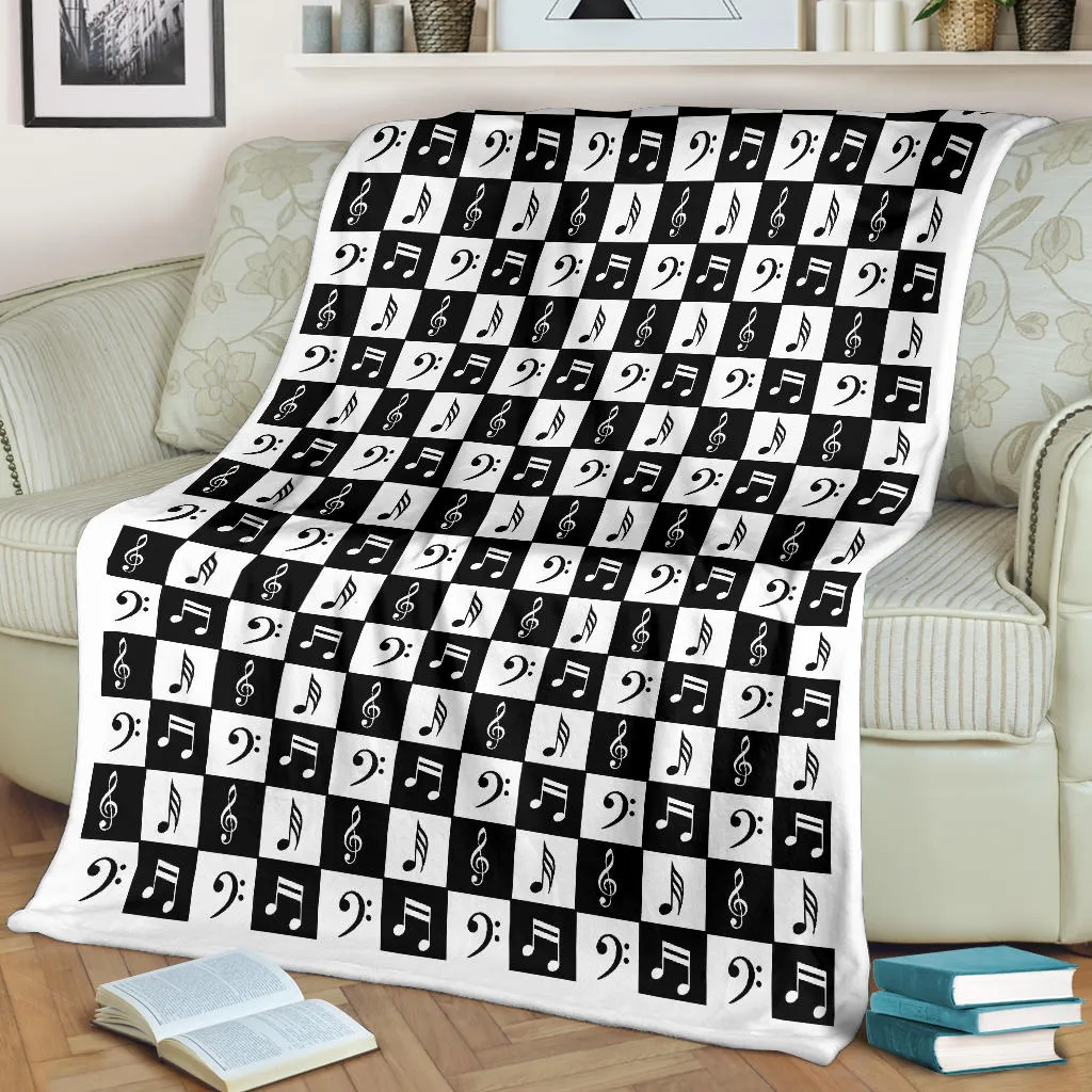 Black and White Checkered Music Note Pattern Fleece Throw Blanket With White Border