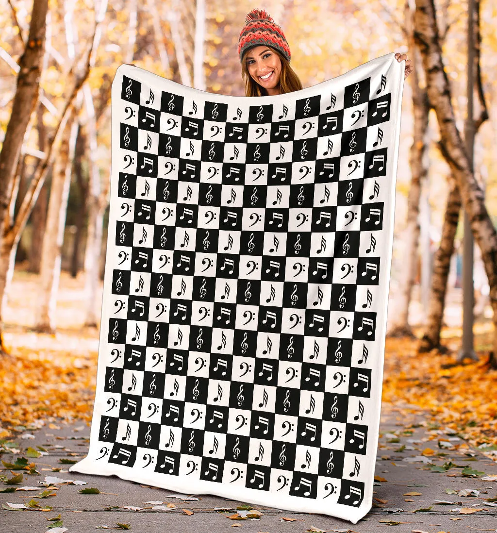 Black and White Checkered Music Note Pattern Fleece Throw Blanket With White Border