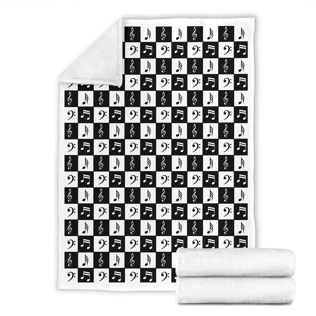 Black and White Checkered Music Note Pattern Fleece Throw Blanket With White Border