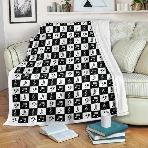 Black and White Checkered Music Note Pattern Fleece Throw Blanket With White Border