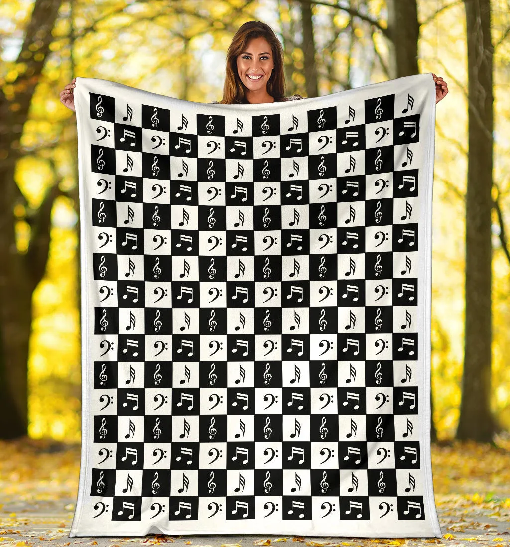 Black and White Checkered Music Note Pattern Fleece Throw Blanket With White Border