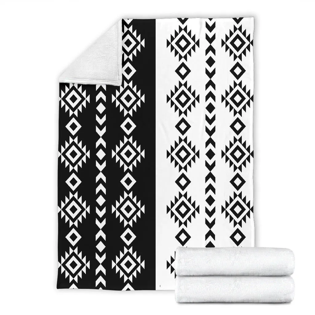 Black and White Ethnic Tribal Contrast Pattern Fleece Blanket