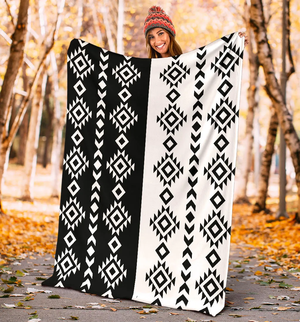 Black and White Ethnic Tribal Contrast Pattern Fleece Blanket
