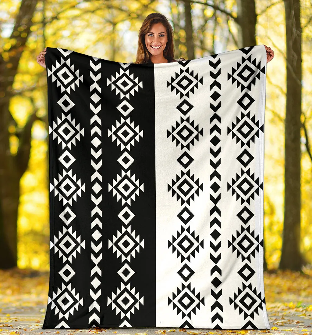 Black and White Ethnic Tribal Contrast Pattern Fleece Blanket