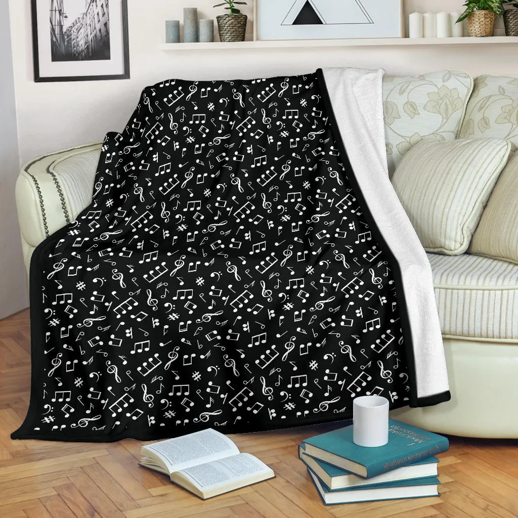Black and White Music Notes Pattern Fleece Throw Blanket