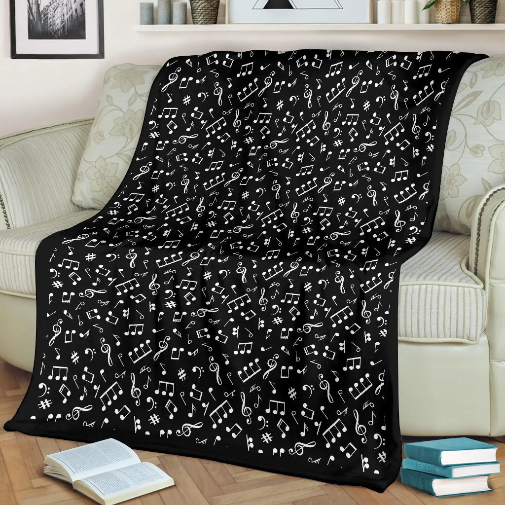 Black and White Music Notes Pattern Fleece Throw Blanket