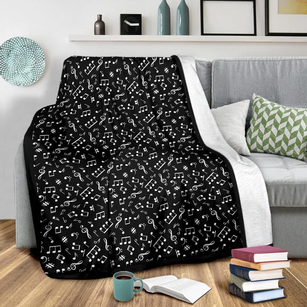 Black and White Music Notes Pattern Fleece Throw Blanket