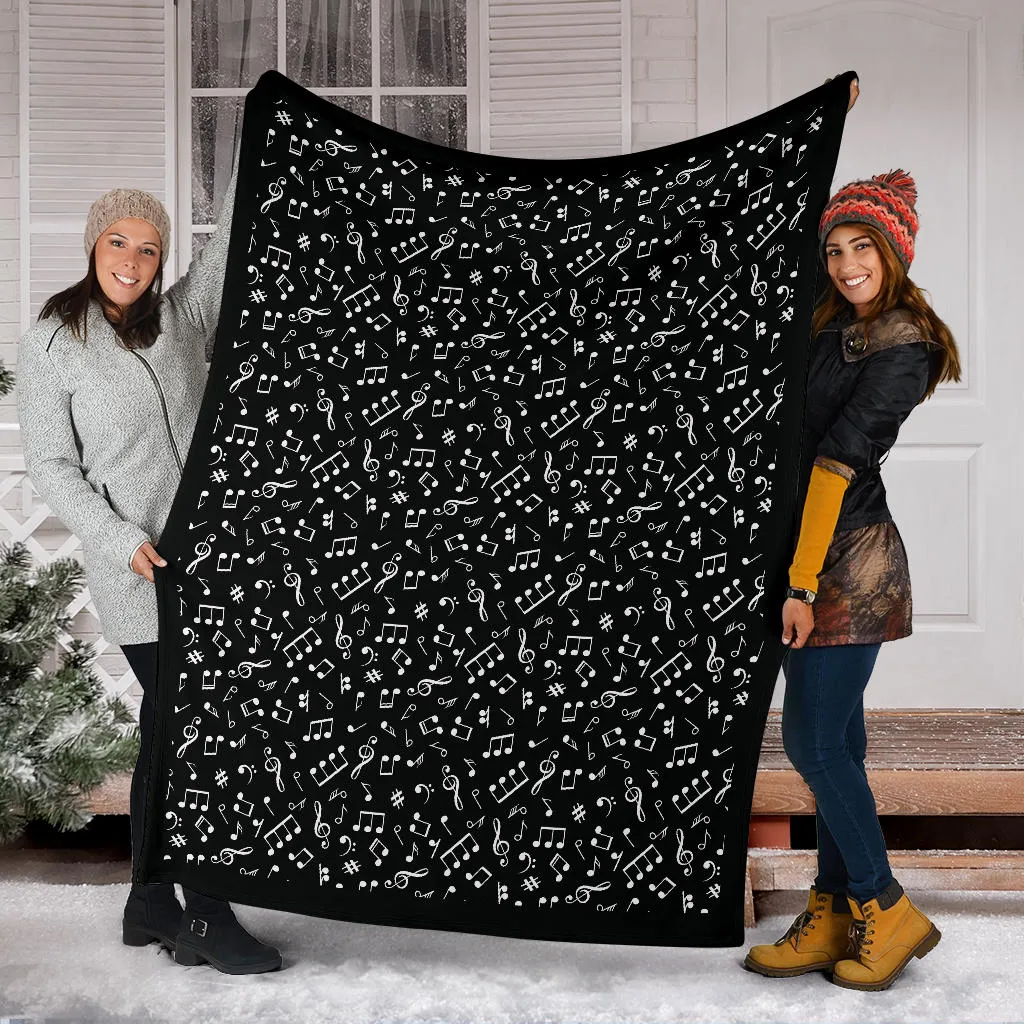 Black and White Music Notes Pattern Fleece Throw Blanket