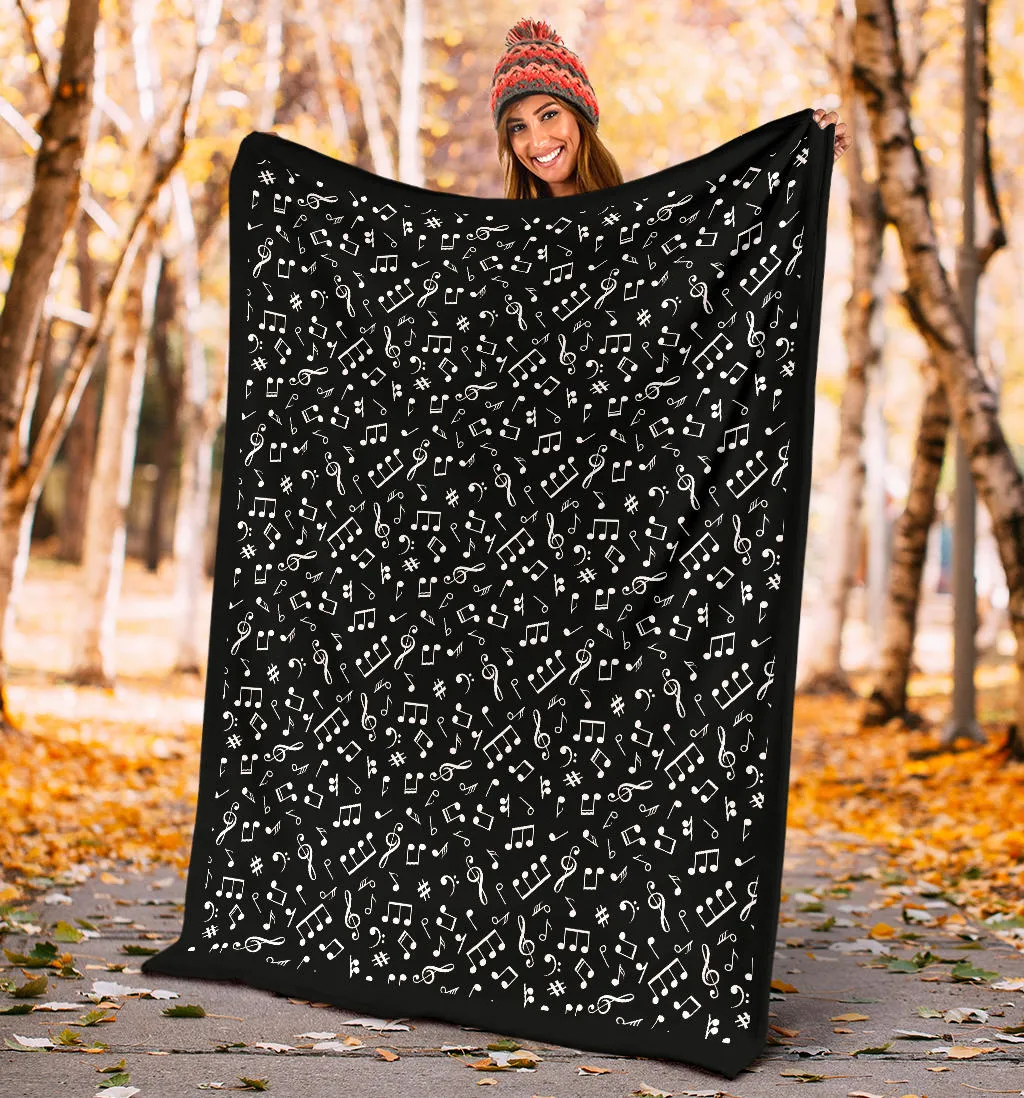 Black and White Music Notes Pattern Fleece Throw Blanket