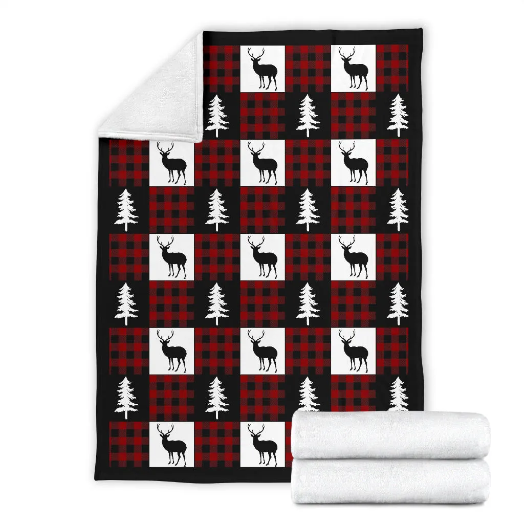 Black, White and Red Buffalo Plaid With Buck and Pine Tree Patchwork Pattern Fleece Throw Blanket