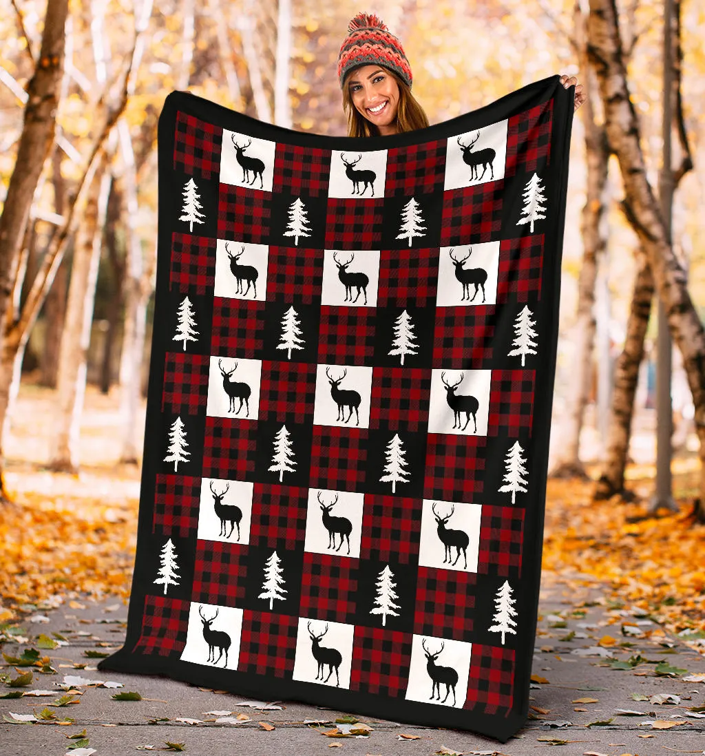 Black, White and Red Buffalo Plaid With Buck and Pine Tree Patchwork Pattern Fleece Throw Blanket