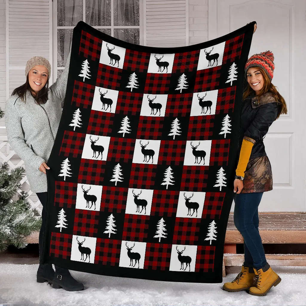 Black, White and Red Buffalo Plaid With Buck and Pine Tree Patchwork Pattern Fleece Throw Blanket