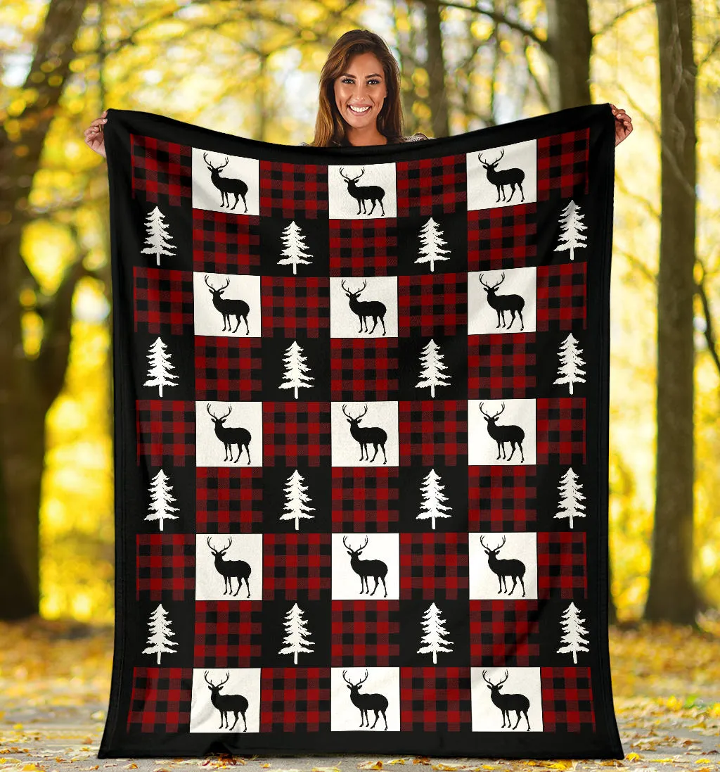 Black, White and Red Buffalo Plaid With Buck and Pine Tree Patchwork Pattern Fleece Throw Blanket