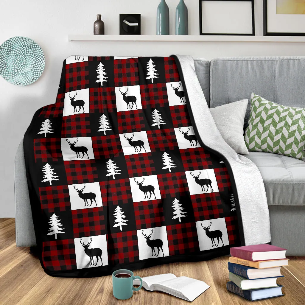 Black, White and Red Buffalo Plaid With Buck and Pine Tree Patchwork Pattern Fleece Throw Blanket