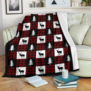 Black, White and Red Buffalo Plaid With Buck and Pine Tree Patchwork Pattern Fleece Throw Blanket