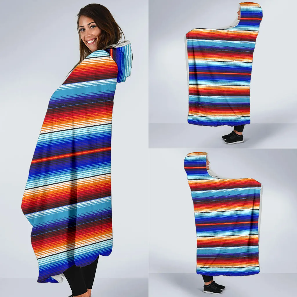 Blue and Orange Serape Style Striped Hooded Blanket With Fleece Lining