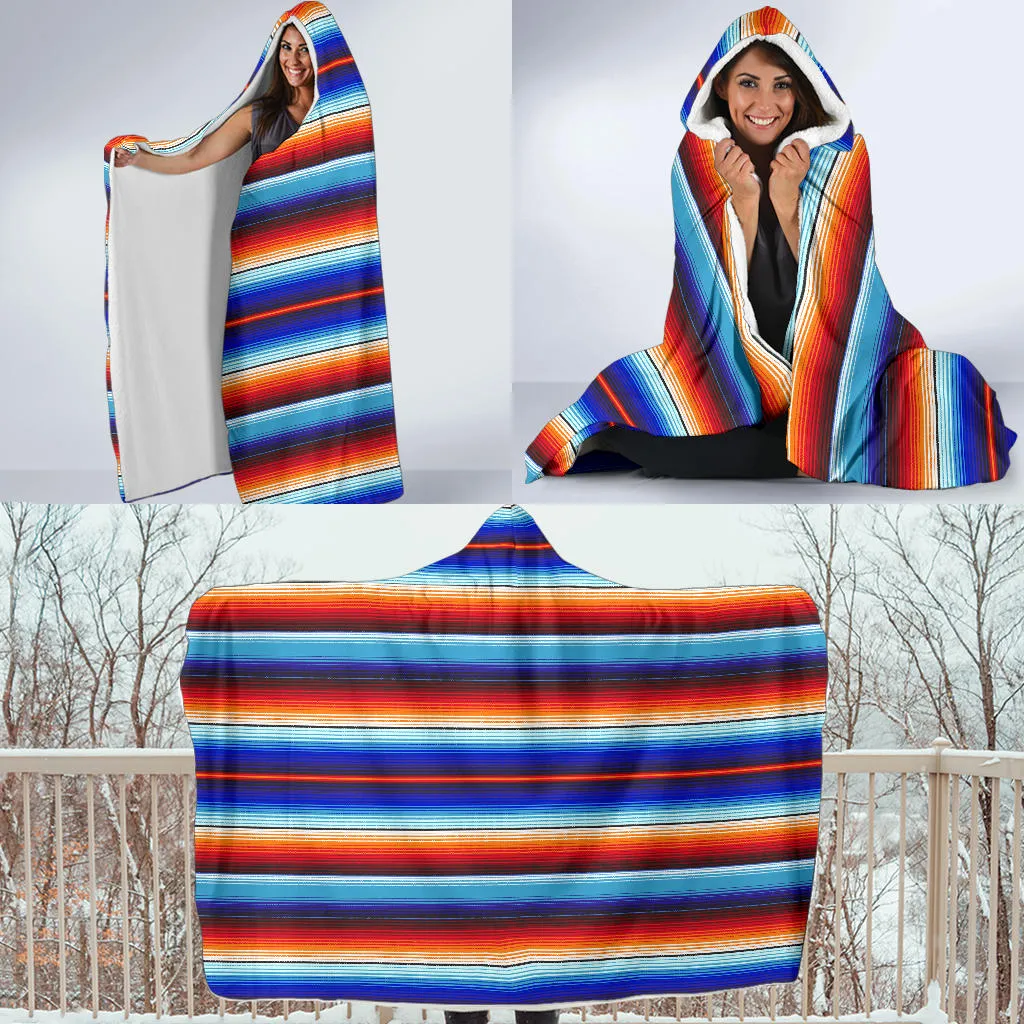 Blue and Orange Serape Style Striped Hooded Blanket With Fleece Lining