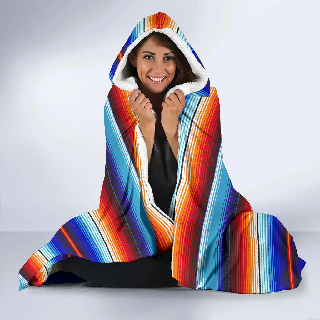 Blue and Orange Serape Style Striped Hooded Blanket With Fleece Lining