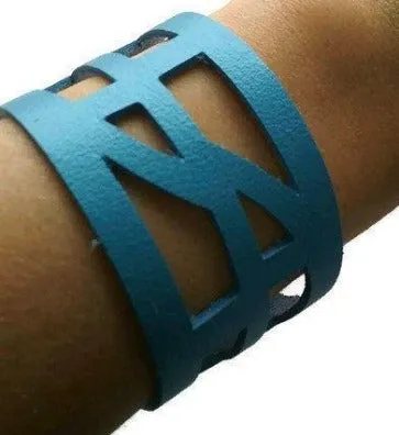 Blue Leather Wrist band.  Reclaimed Leather Cuff Bracelet, Hand cut, Laser cut style